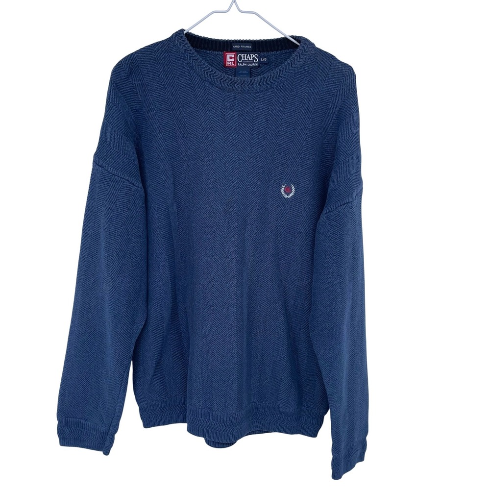 Vintage 90s Chaps Ralph Lauren Mens Blue Herringbone Knit Sweater Large Crewneck